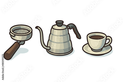 Essential coffee brewing equipment set featuring a portafilter, pour-over kettle, and a fresh cup of espresso