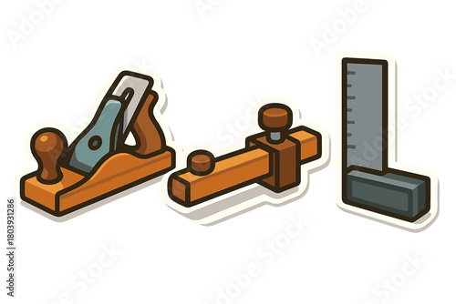 Essential carpentry tools: hand plane, marking gauge, and try square