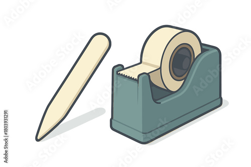 Traditional bone folder tool next to a desktop dispenser holding a roll of adhesive tape