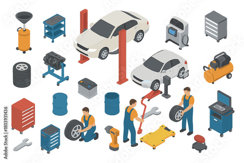 Isometric auto service tools, equipment, and mechanics performing car maintenance and repair