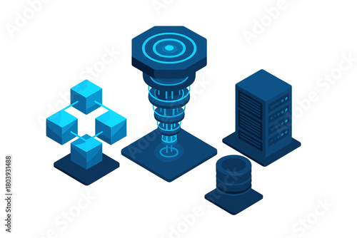 Isometric design of data flow, server hardware, decentralized network nodes, and database storage