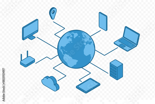 Isometric diagram of global digital connectivity linking electronic devices to the internet