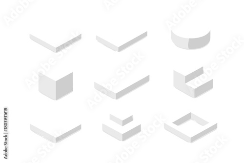 Minimalist set of white isometric geometric shapes including cubes cylinders and steps