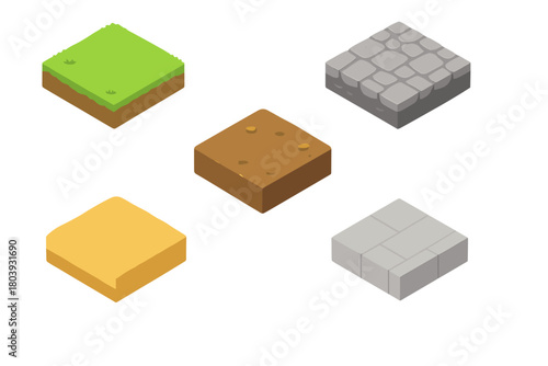 Isometric game tiles set with ground textures: grass, dirt, sand, cobblestone, paving stones