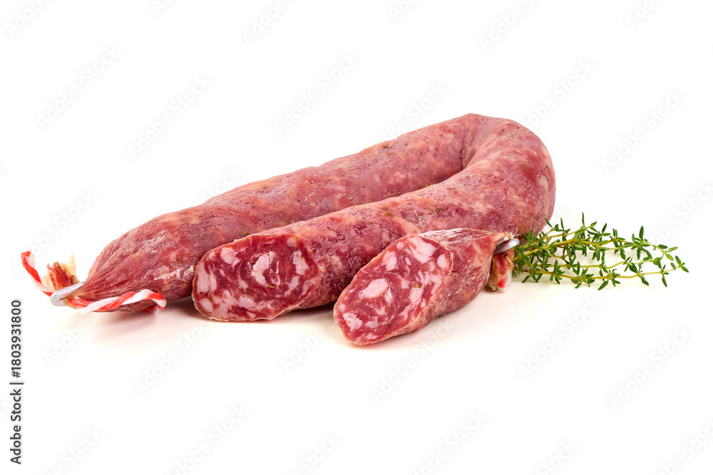 Φωτογραφία Dry Cured Sausage with Thyme, isolated on white background