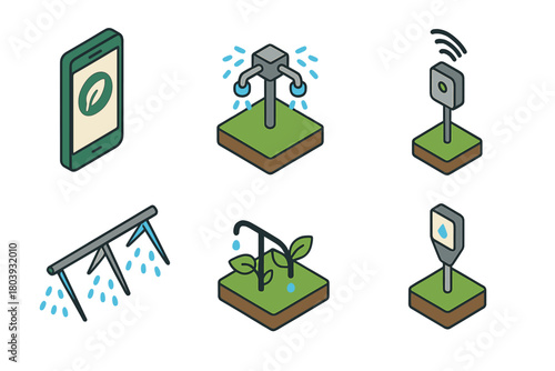 Isometric concept of smart farming and automated irrigation technology in agriculture