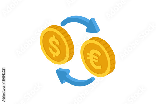 Isometric dollar and euro coins with arrows showing currency exchange rate conversion