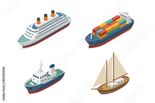 Sea transport vessels collection featuring cruise ship, cargo container vessel, and sailboat icons