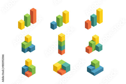 Colorful isometric bar charts and abstract block arrangements for data visualization