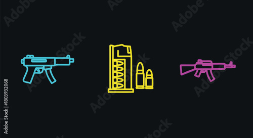 Stylized neon outlines of firearms and ammunition on a dark background.