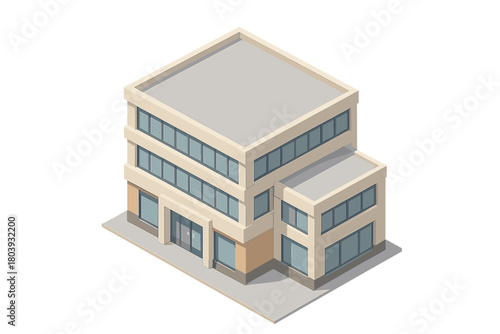 Isometric modern corporate building with multiple floors and large glass facade