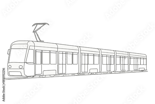 Modern articulated light rail vehicle outline drawing on tracks