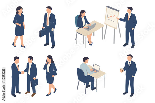Isometric business people set showing professional activities and agreement