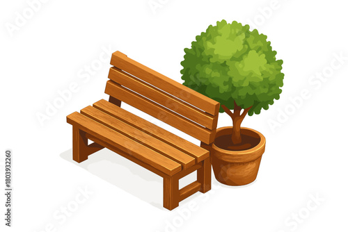 Isometric wooden park bench beside potted green topiary tree
