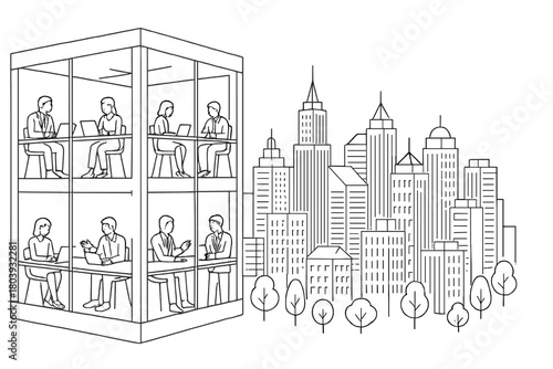 Modern business meeting rooms with views of city skyline and park trees