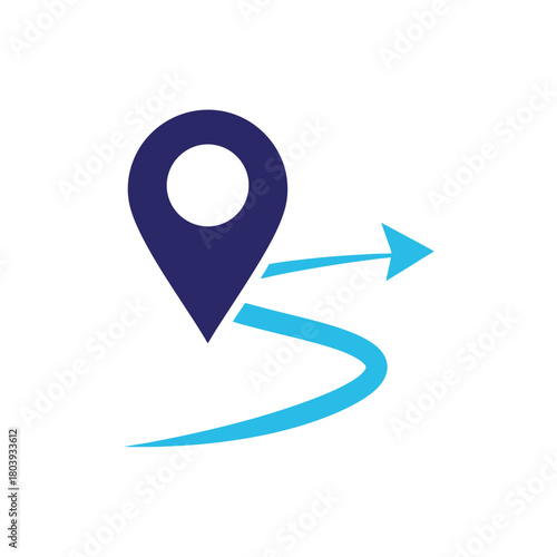 A simplified graphic icon featuring a dark blue location pin as a starting point, with a light blue winding arrow indicating a path or route towards a destination