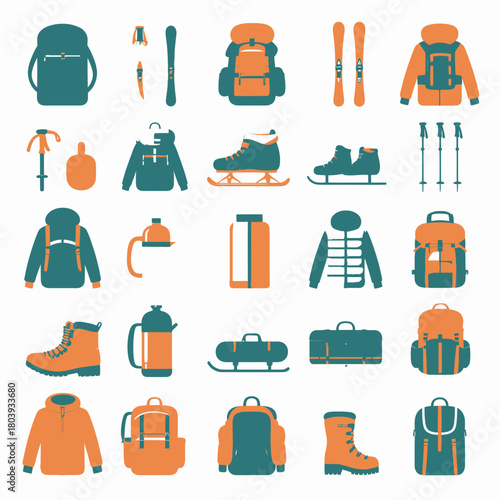 A collection of flat design icons depicting various outdoor and winter sports equipment including backpacks, skis, boots, jackets, and water bottles.