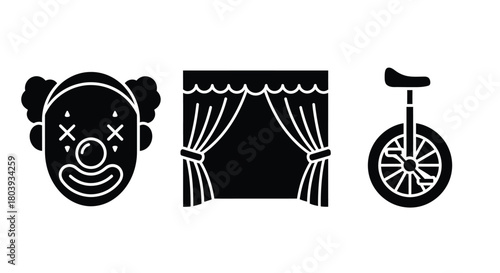 Whimsical icons representing circus performance: a clown's face, stage curtains, and a unicycle.