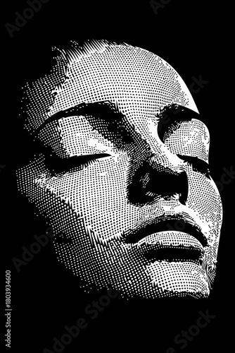 Abstract digital art portrait of a serene woman's face with closed eyes, emerging from darkness with a unique 3D pixelated texture