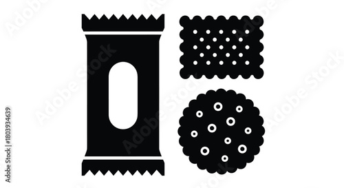 Simple black and white illustration of a cookie package and two types of cookies