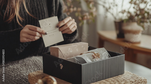 A delighted customer unboxing a luxury product at home, surrounded by premium packaging, with branded tissue paper and an elegant thank-you note inside the box.