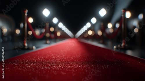 Eleganter roter Teppich führt zwischen unscharfen Lichtern zu glamourösem Event-Eingang