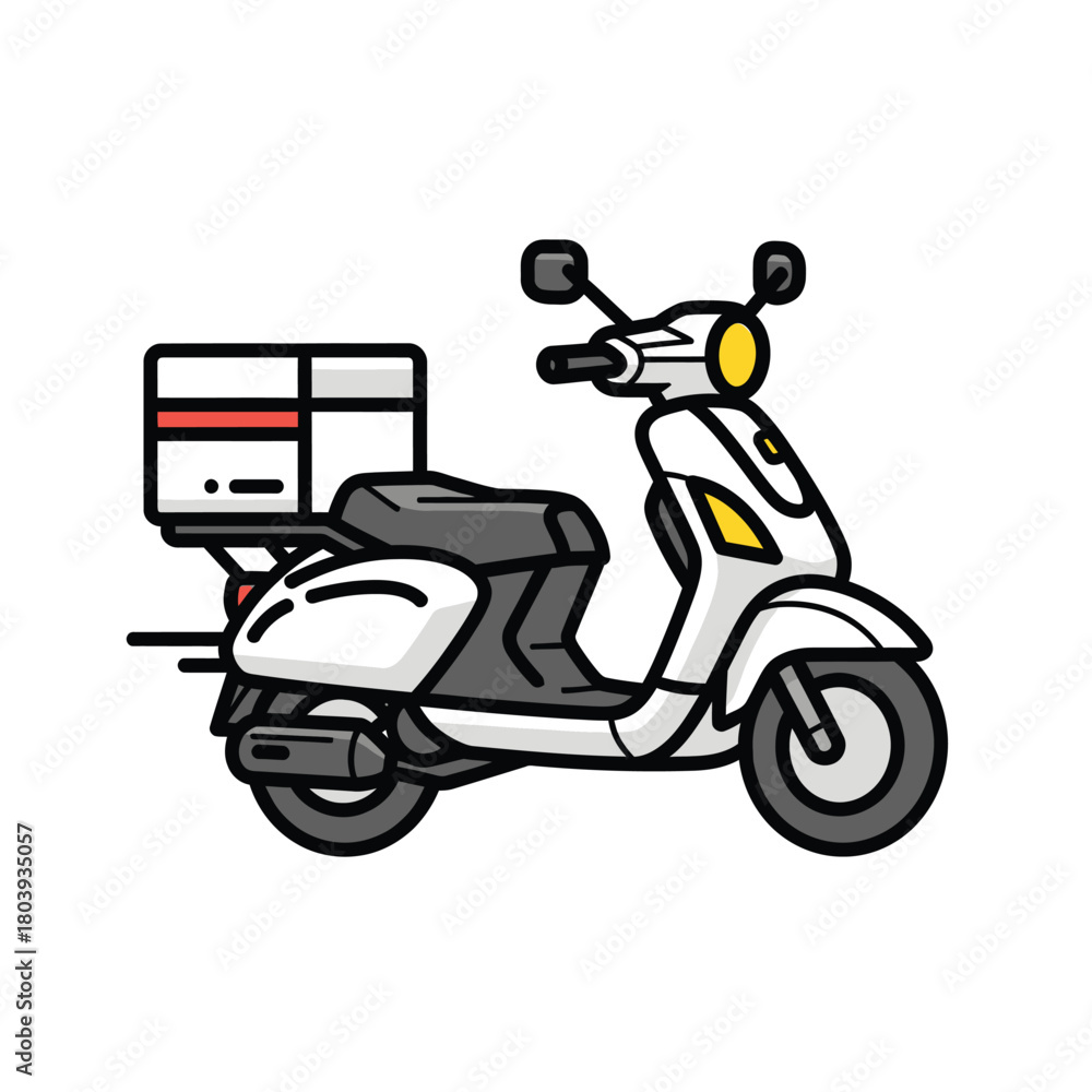 Obraz premium Vector illustration of a modern white delivery scooter with a parcel box, ideal for conveying swift urban delivery, food transport, and efficient logistics services