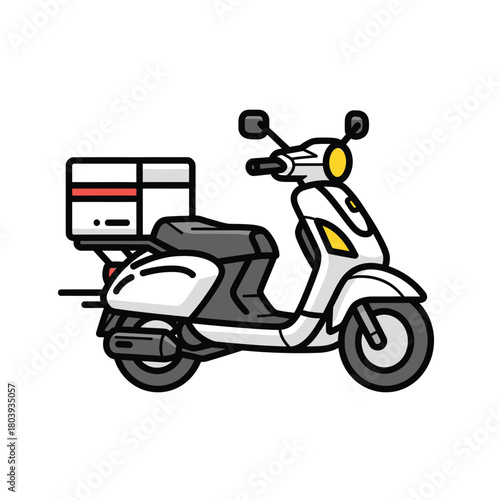Vector illustration of a modern white delivery scooter with a parcel box, ideal for conveying swift urban delivery, food transport, and efficient logistics services