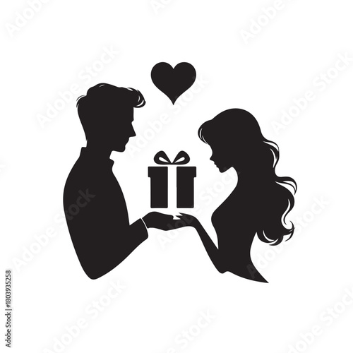 Couple exchanging a gift silhouette