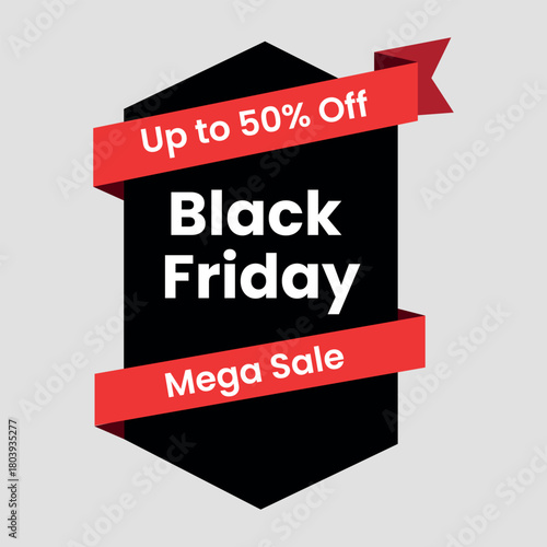 Hexagon Shape Elegant Black Friday Mega Sale Badge with Red Ribbon 