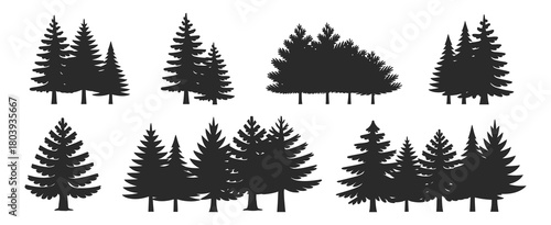 Pine Tree Forest Silhouette Vector Set – Flat Black Oak And Evergreen Tree Templates In Minimal Nature Illustration Style For Landscape Design, Outdoor Backgrounds, And Wilderness Graphic Elements
