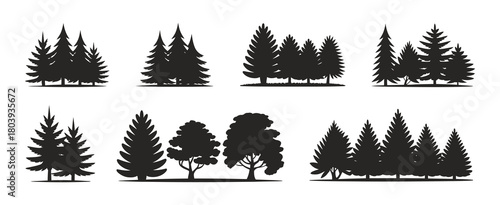 Pine Tree Forest Silhouette Vector Set – Flat Black Oak And Evergreen Tree Templates In Minimal Nature Illustration Style For Landscape Design, Outdoor Backgrounds, And Wilderness Graphic Elements