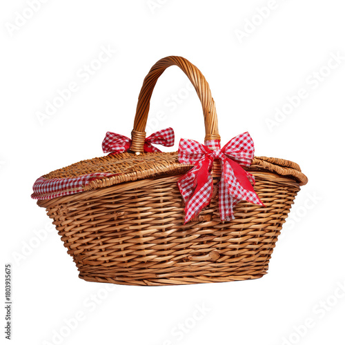 Wicker picnic basket with red gingham bows and transparent background