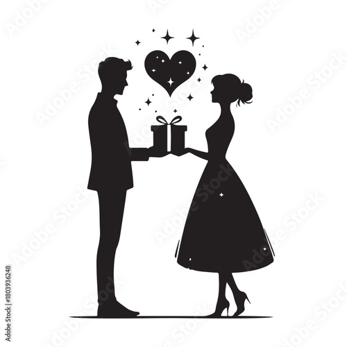 Couple exchanging a gift silhouette