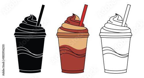 Three refreshing iced coffee drinks with colorful swirls and straws, presented in different styles.