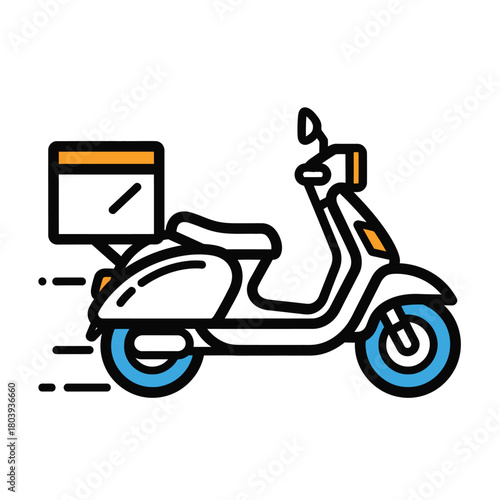 Illustration of a scooter delivering goods with a box on the back, perfect for logistics and delivery services