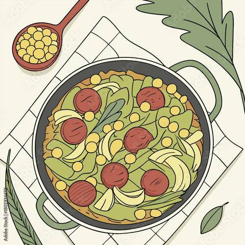 Spanish Cabbage and Chickpeas known as col con garbanzos with the addition of paprika and chorizo sausages on a plate on the table. Horizontal top view from above