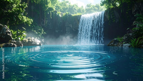 Fototapeta Naklejka Na Ścianę i Meble -  A serene tropical scene featuring a waterfall cascading into a crystal-clear, blue pool. Lush green foliage surrounds. Sunlight