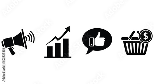 Marketing icons representing promotion, growth, positive feedback, and shopping