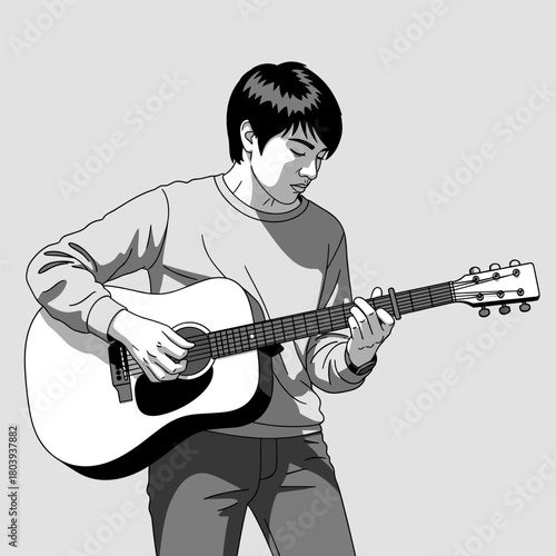 Monochrome vector illustration of a young man intently playing an acoustic guitar.