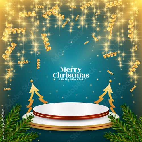 Glossy glitters Merry Christmas card with podium for product display