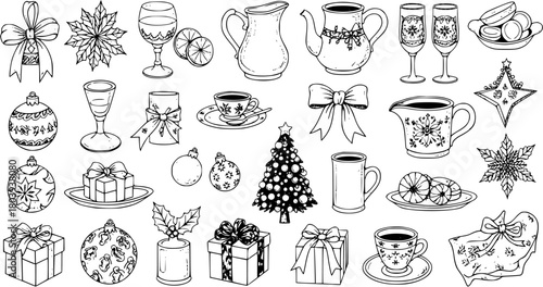 Detailed Hand-drawn Christmas  Winter Holiday Elements Collection. Black  White Outline Vector Set of Festive Ornaments, Gifts, Food, Drinks, and Decorations.