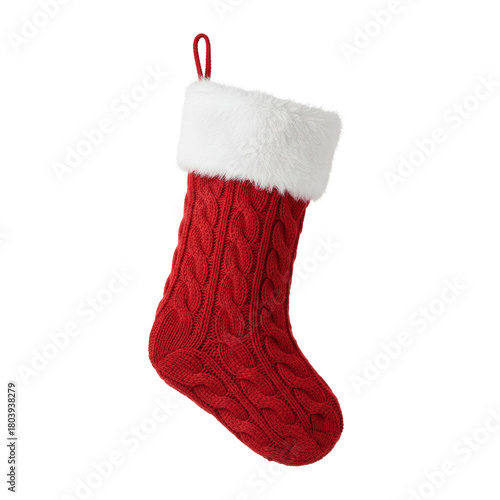 Fotografie Red cable knit christmas stocking with fur trim