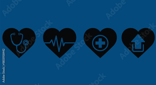 Four black heart icons representing health, cardiology, medicine, and data.