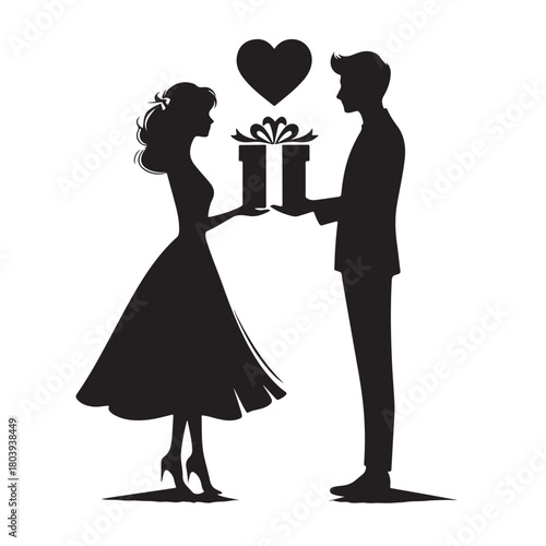 Couple exchanging a gift silhouette