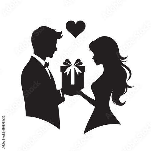 Couple exchanging a gift silhouette