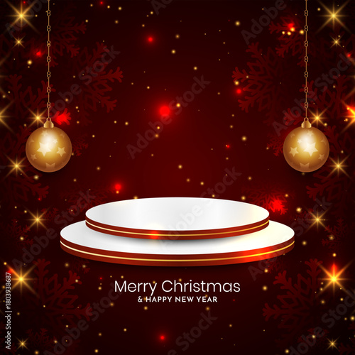 Merry Christmas red color glitters background with podium for product display