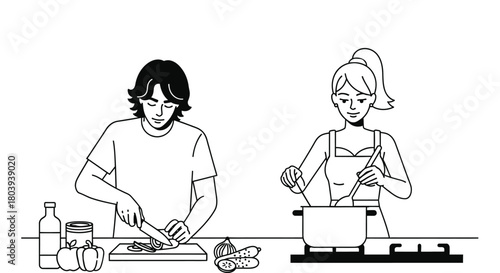 Young couple happily cooking together in a bright kitchen, preparing a delicious meal.