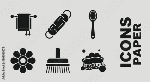 Collection of simple icons representing hygiene and household cleaning tools