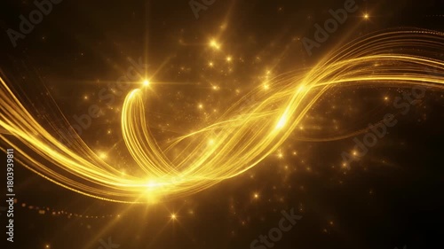 Golden Abstract Swirling Light Waves with Glittering Particles on a Dark Background flowing
